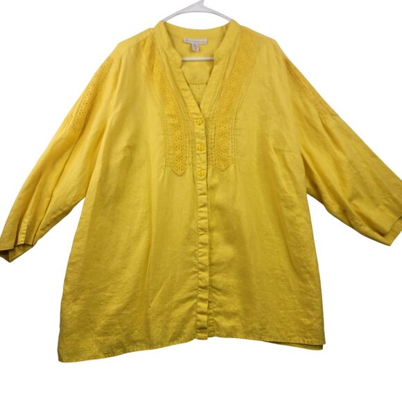 JM Collection Butter Yellow Linen Button-Up Embroidered Details Plus Size 22W - Picture 1 of 13
